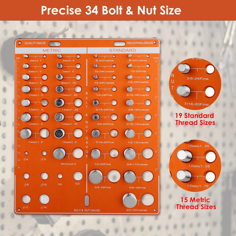 EVERKEEN Thread Nut Bolt Checker, metric Size Gauge, 42 Bolt and Nut Gauge, Identifier Standard and metric, Bolt Size Finder with 19 Standard & 15 Metric Bolt & 8 Drill Bit, wall mount measuring screw - Image 3